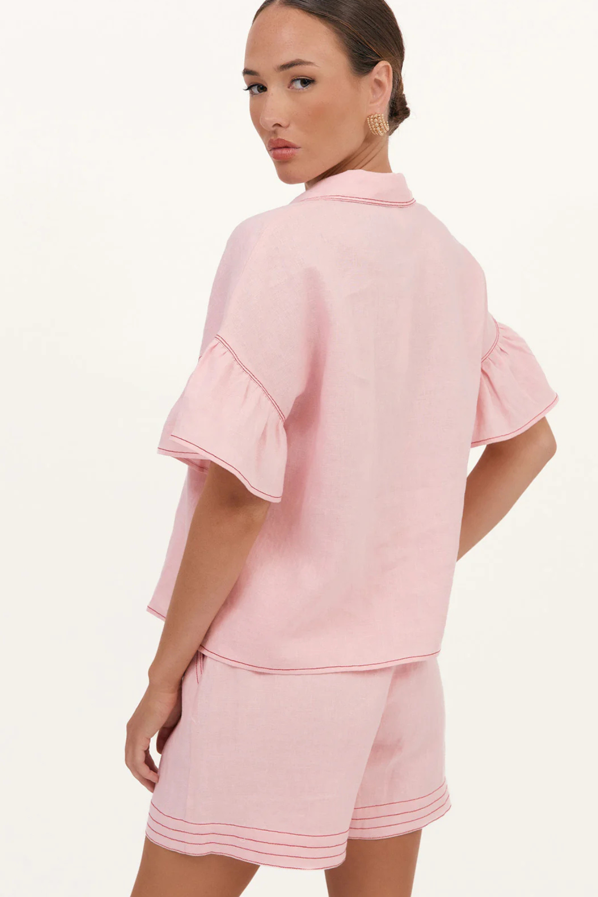 Alex Contrast Stitch Linen Shirt Pink