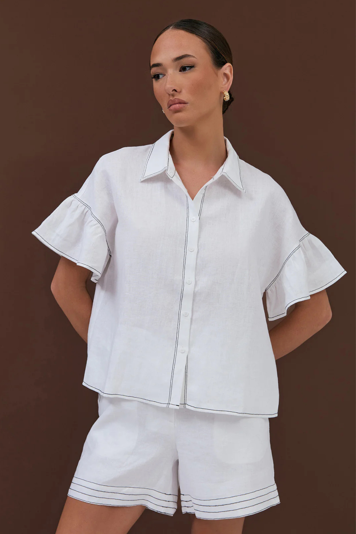 Alex Contrast Stitch Linen Shirt White