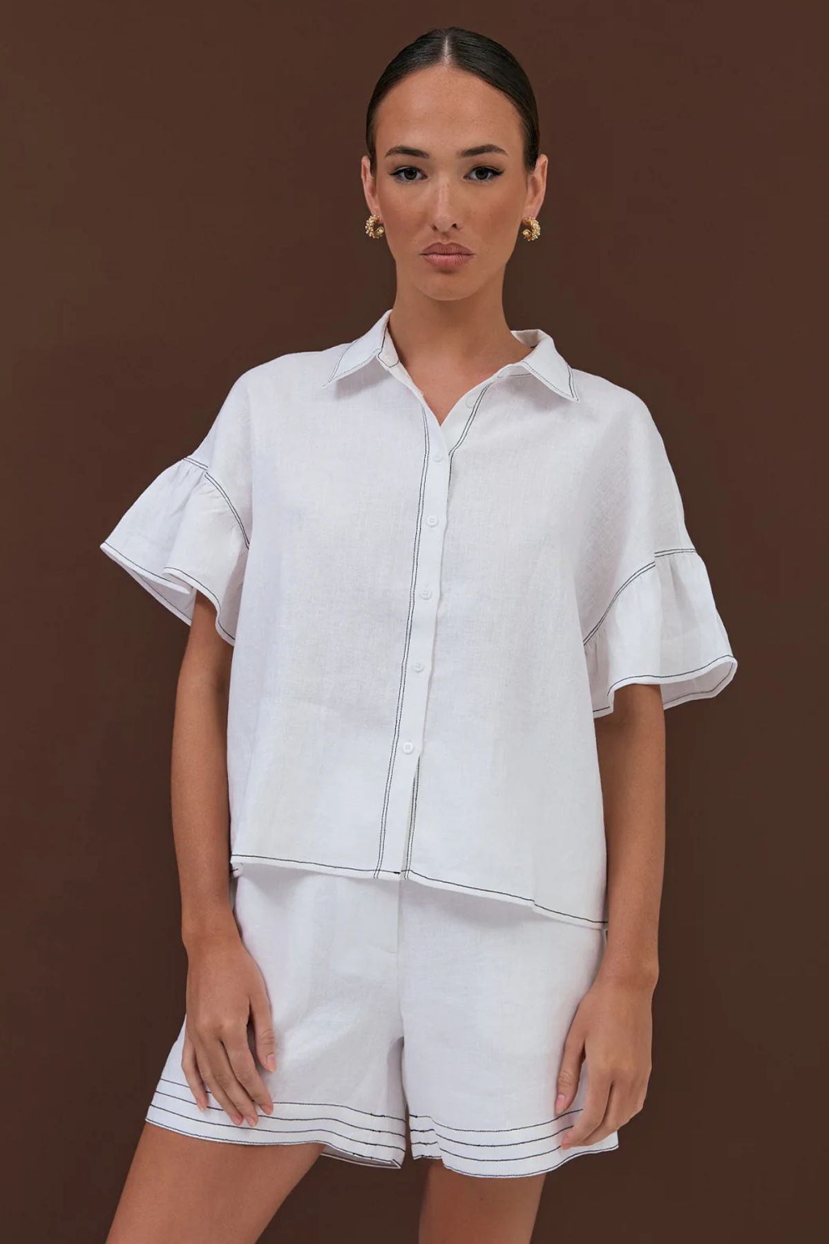 Alex Contrast Stitch Linen Shirt White