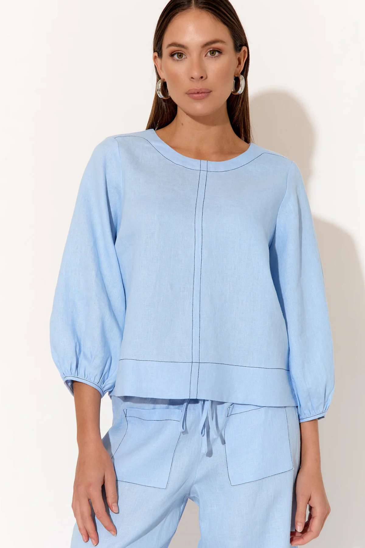 Mia Contrast Stitch Linen Top Blue