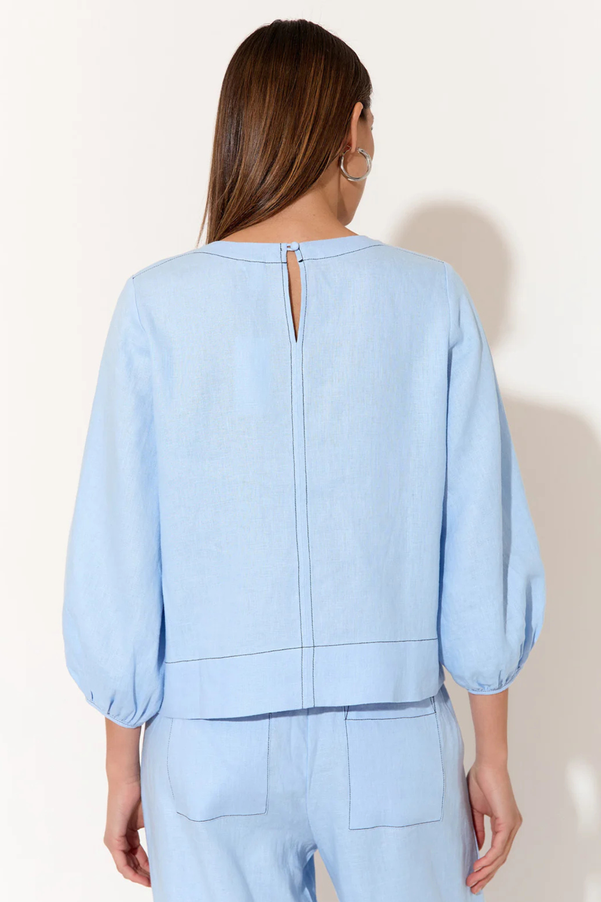 Mia Contrast Stitch Linen Top Blue