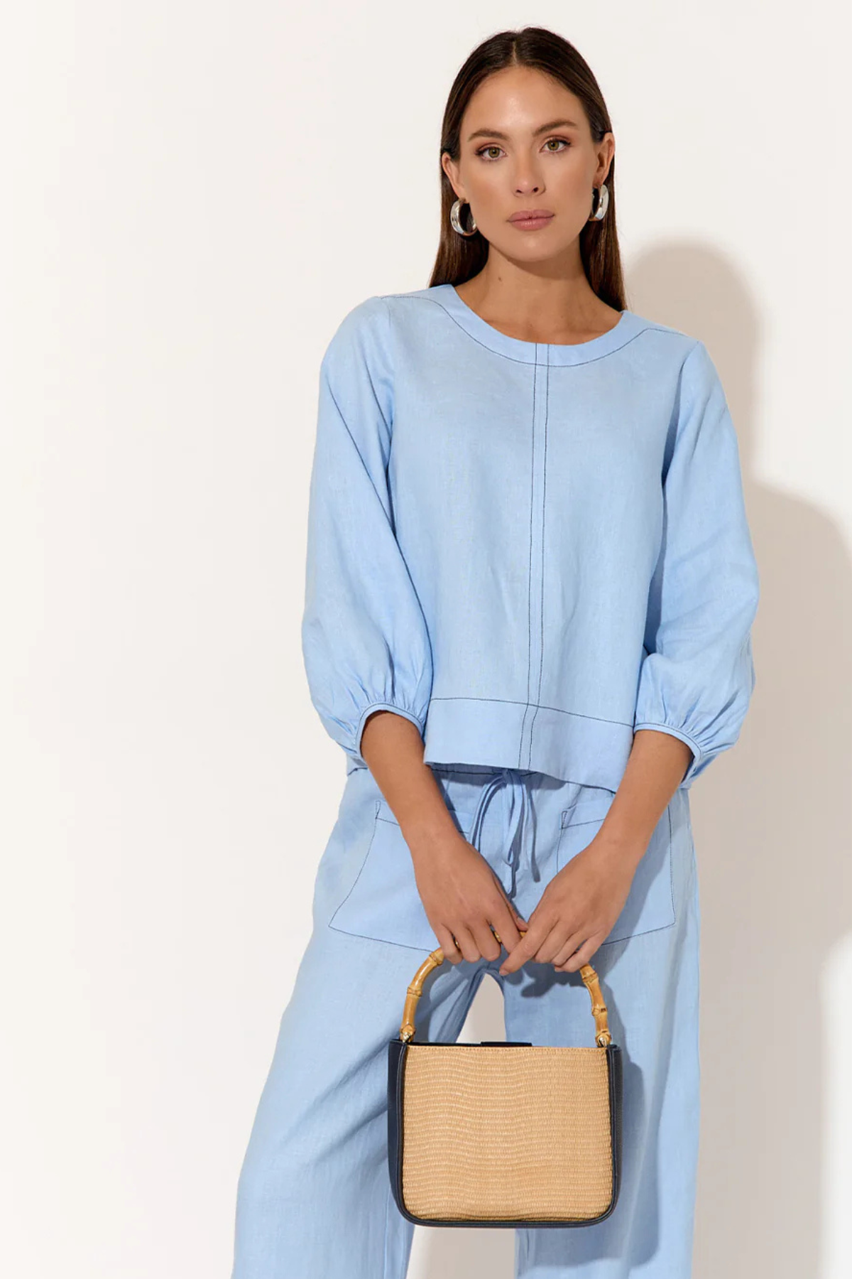 Mia Contrast Stitch Linen Top Blue