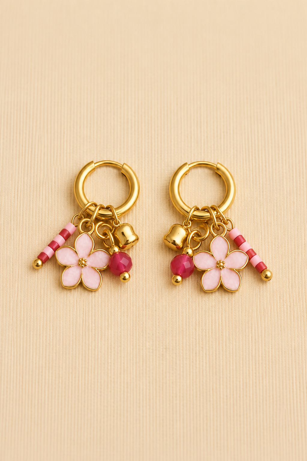 Hoop Earring Pink Flower and Mini Heart