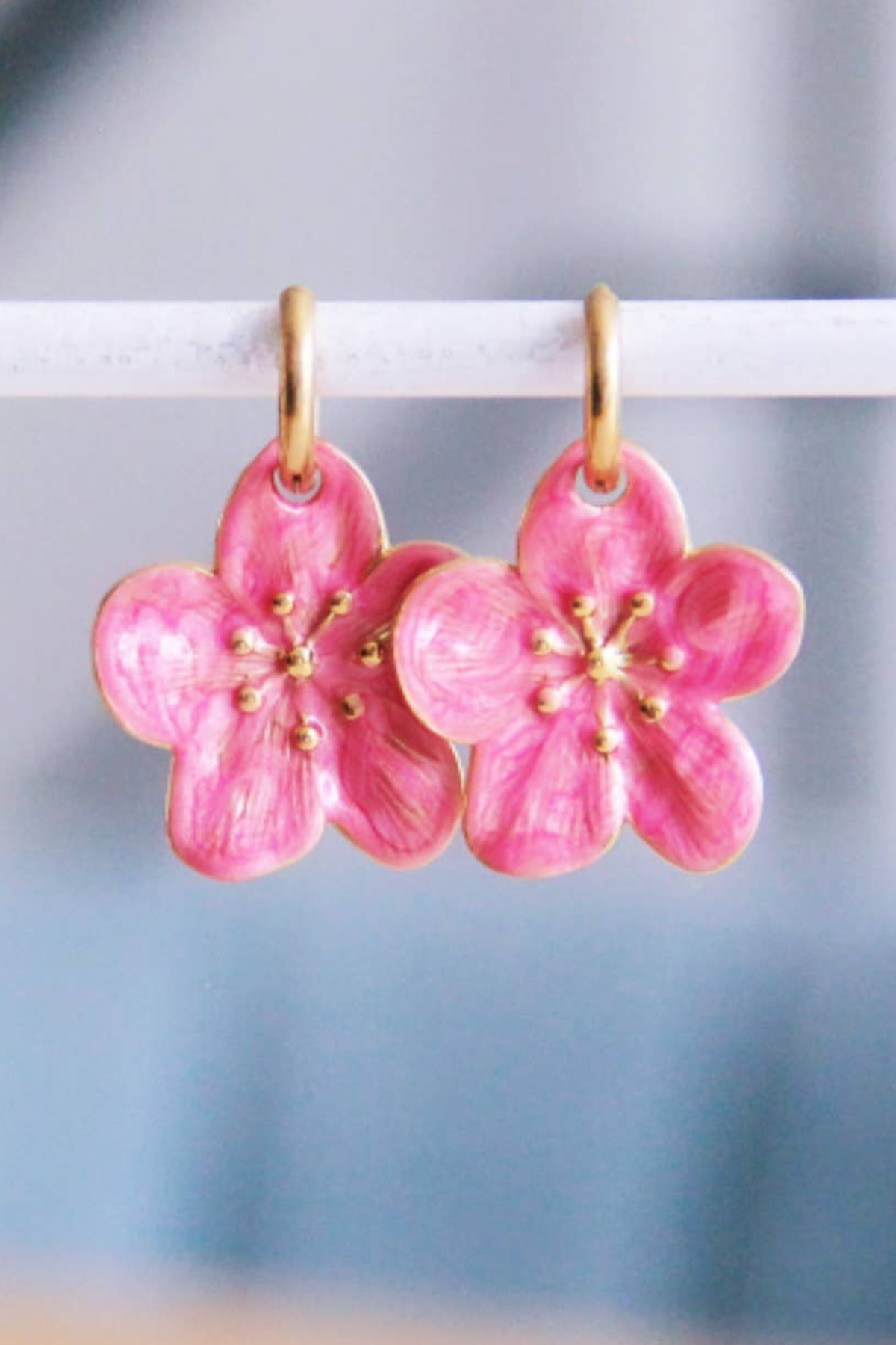 Pink Flower Charm Hoops