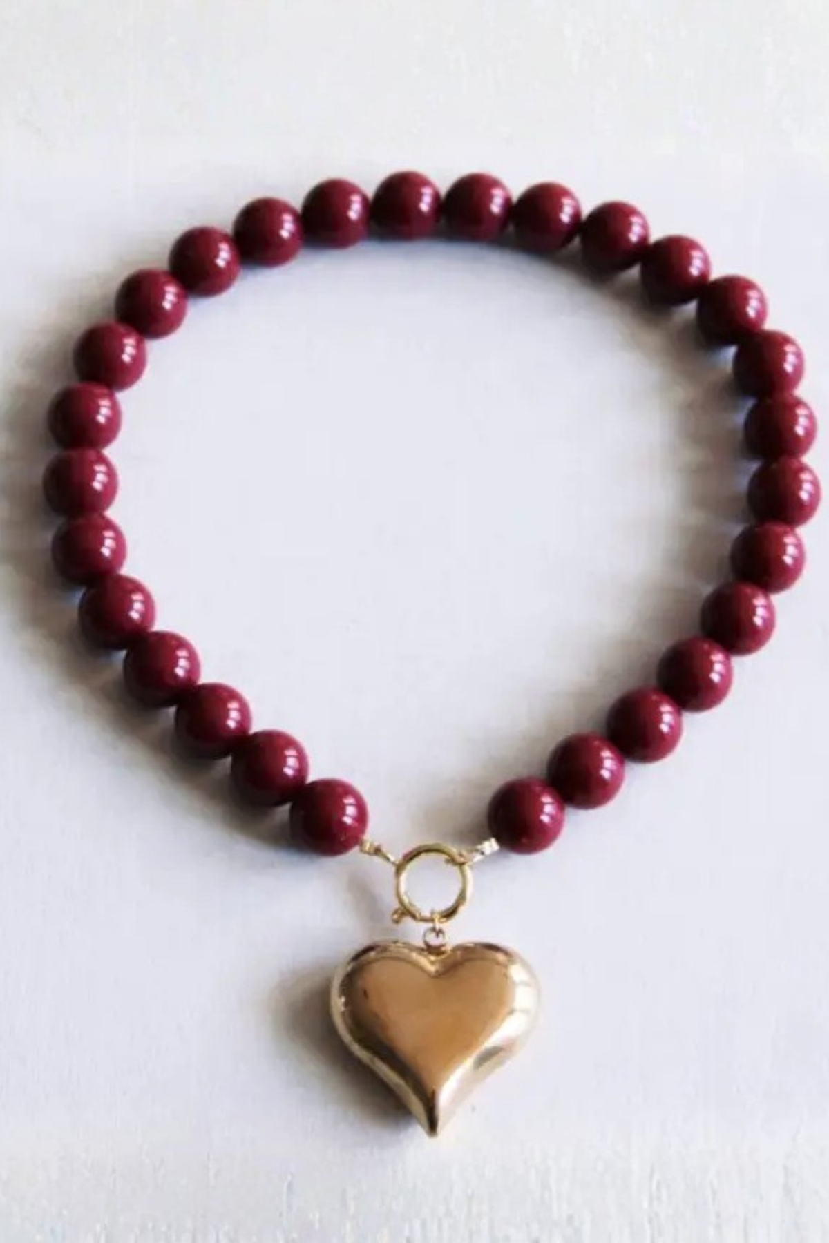 Beaded Heart Charm Necklace Cerise