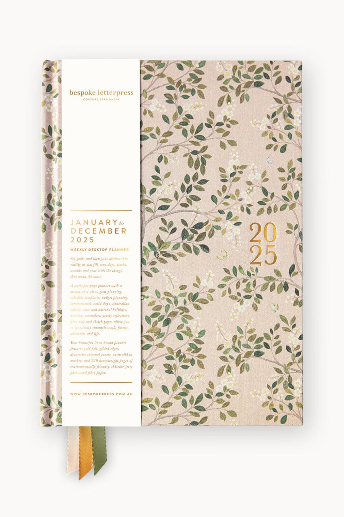 2025 Desktop Linen Bound Planner White Blossoms