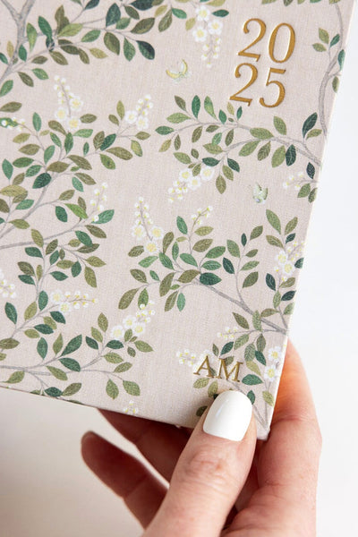 2025 Desktop Linen Bound Planner White Blossoms