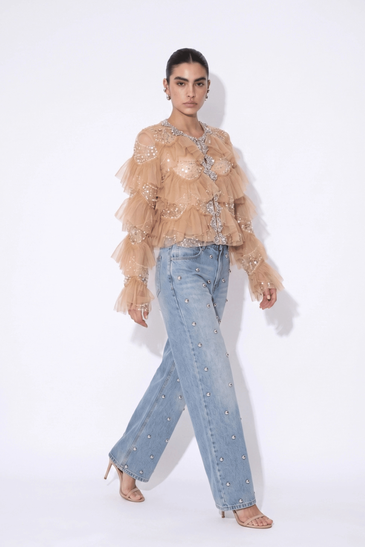 Embellished Tulle Ruffle Jacket Taupe