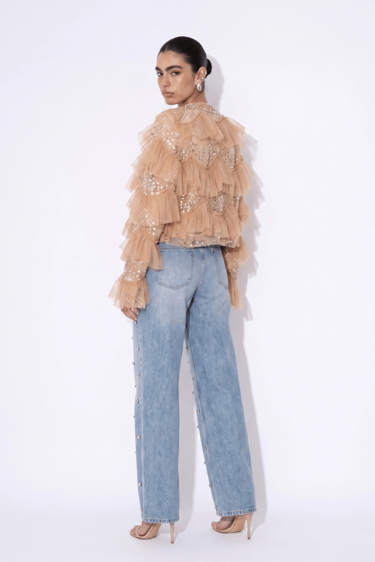 Embellished Tulle Ruffle Jacket Taupe