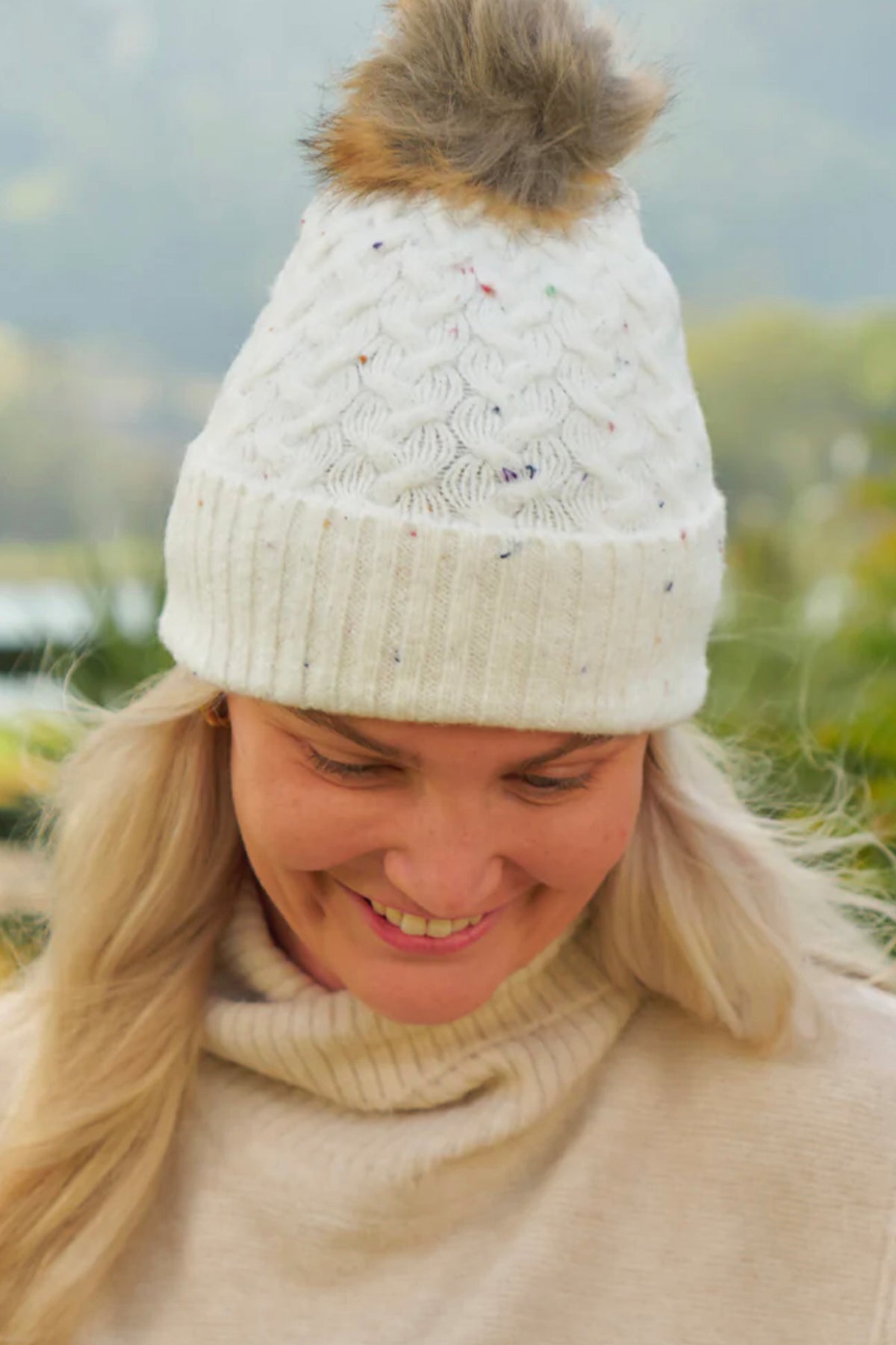 Cable Knit Snood & Beanie Set Speckle Cream