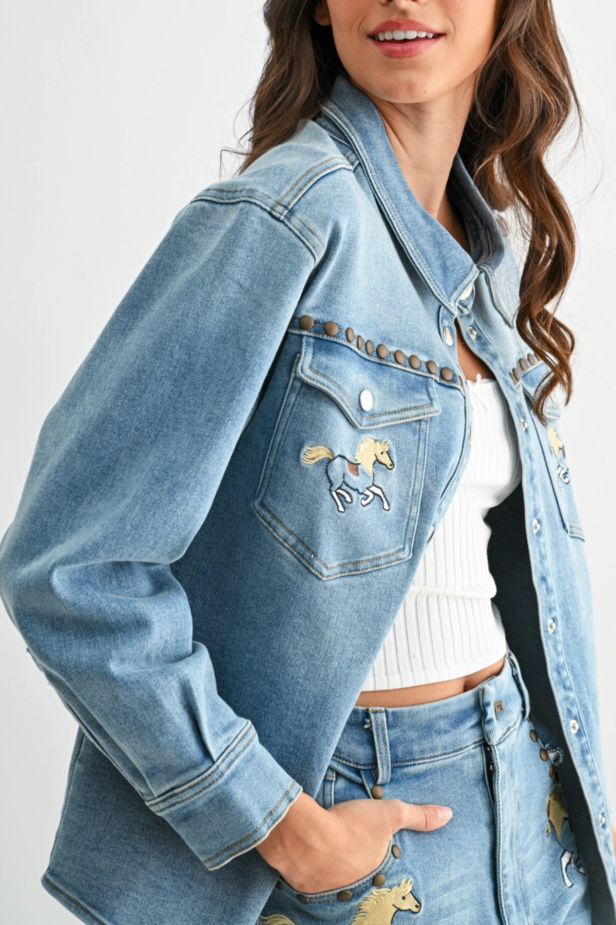 Horse Studded Western Denim Shirt