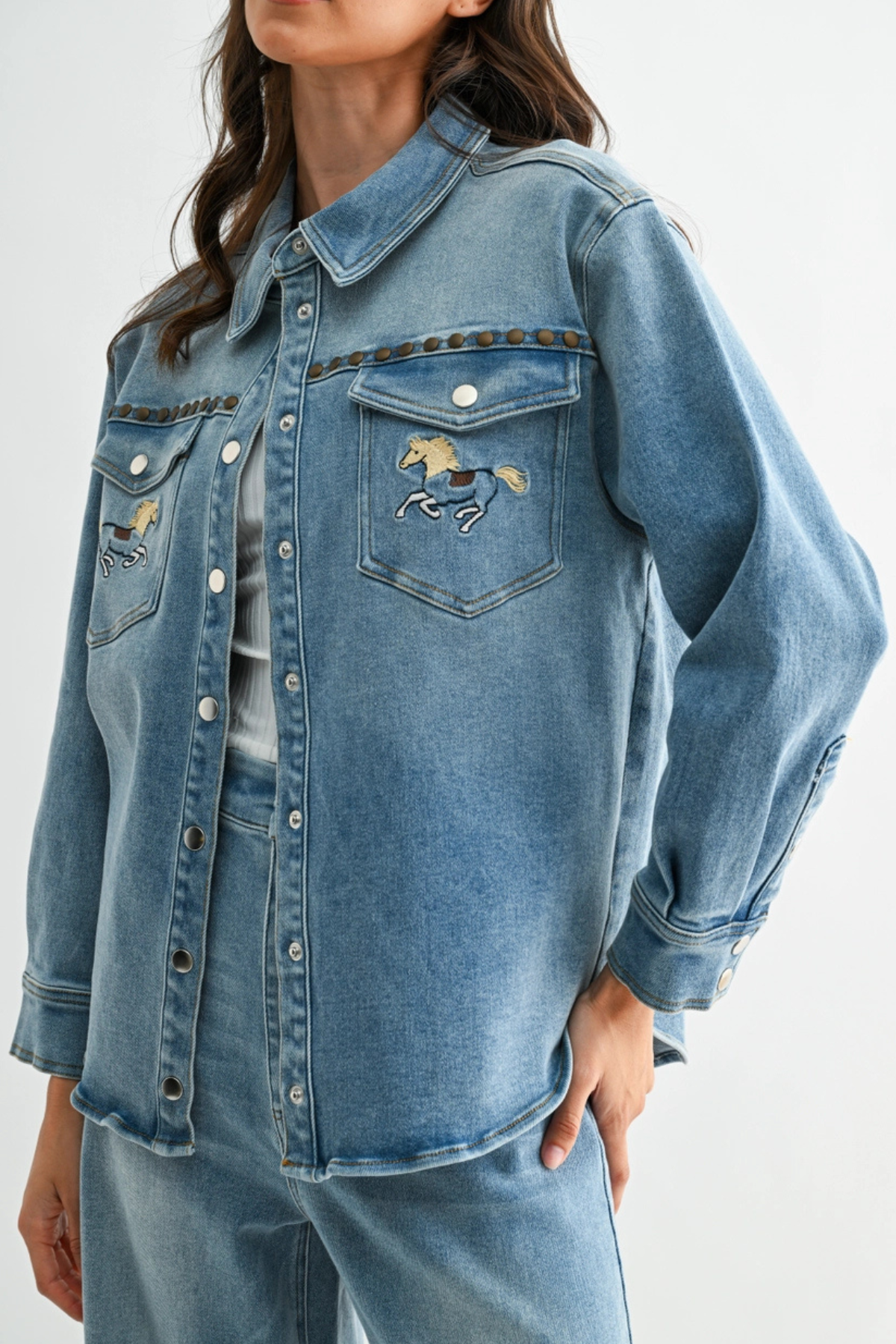 Horse Studded Western Denim Shirt