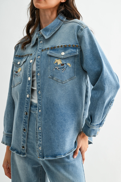 Horse Studded Western Denim Shirt