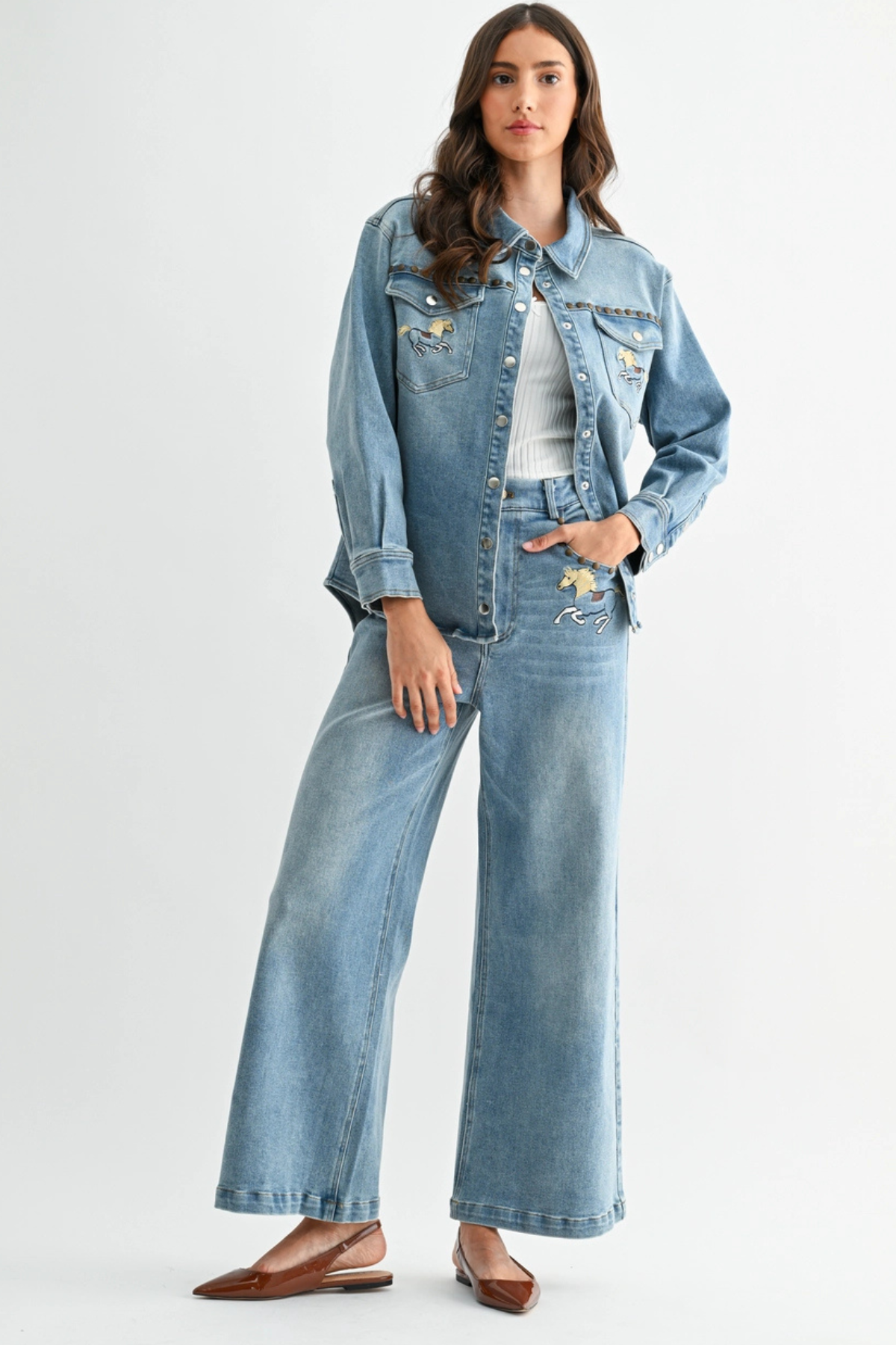 Horse Studded Western Denim Shirt
