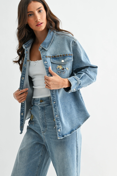 Horse Studded Western Denim Shirt