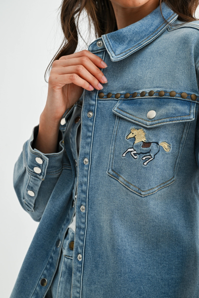 Horse Studded Western Denim Shirt
