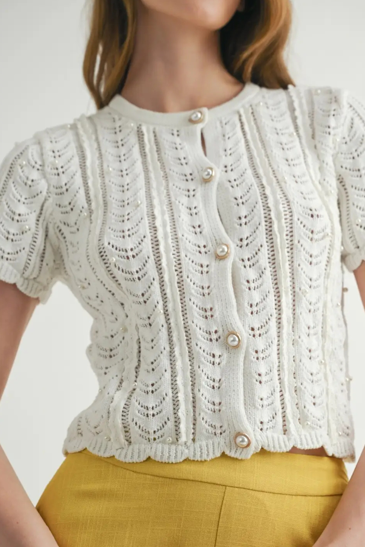 Lace Knit Pearl-Button Cardigan