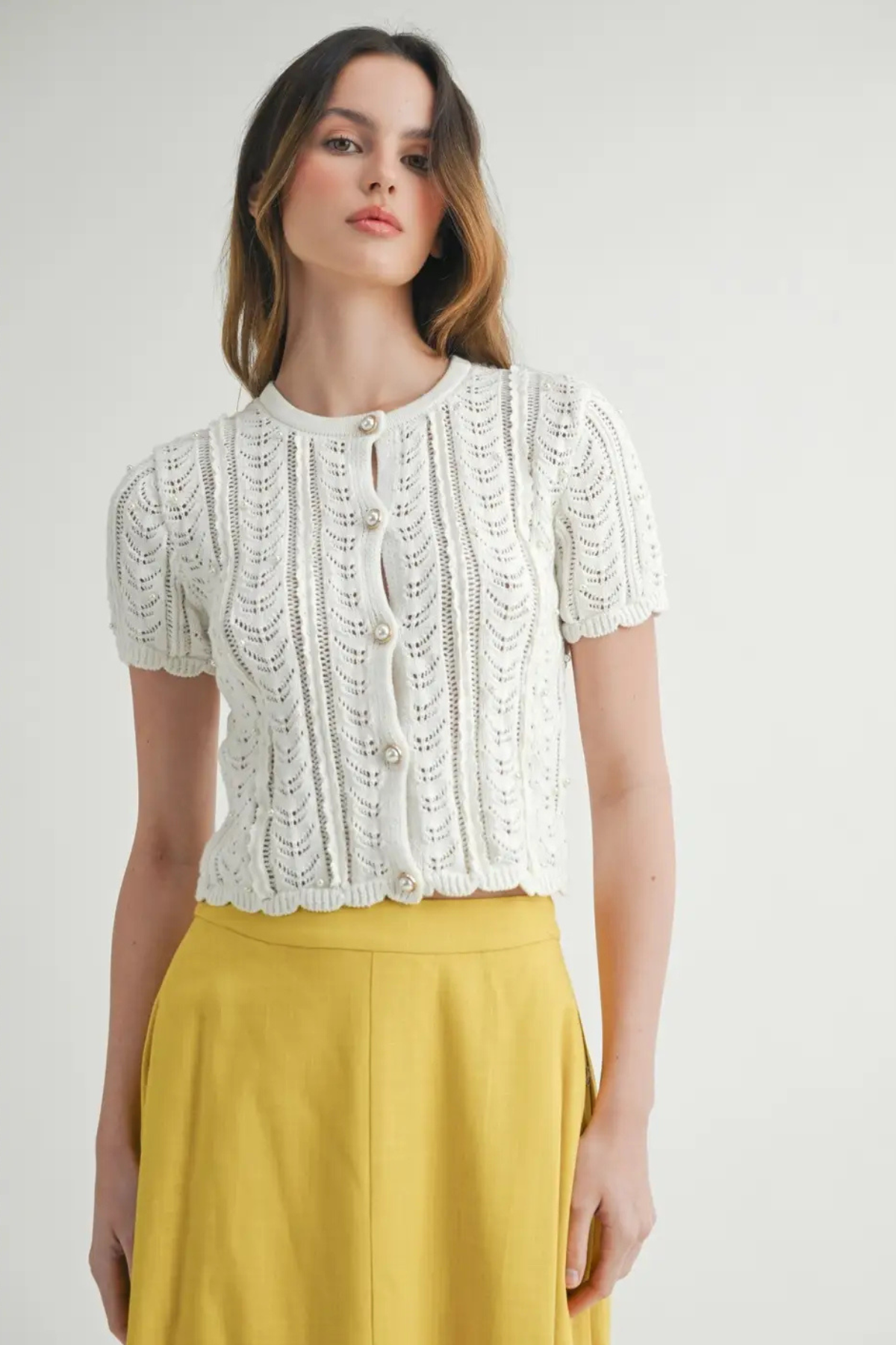 Lace Knit Pearl-Button Cardigan