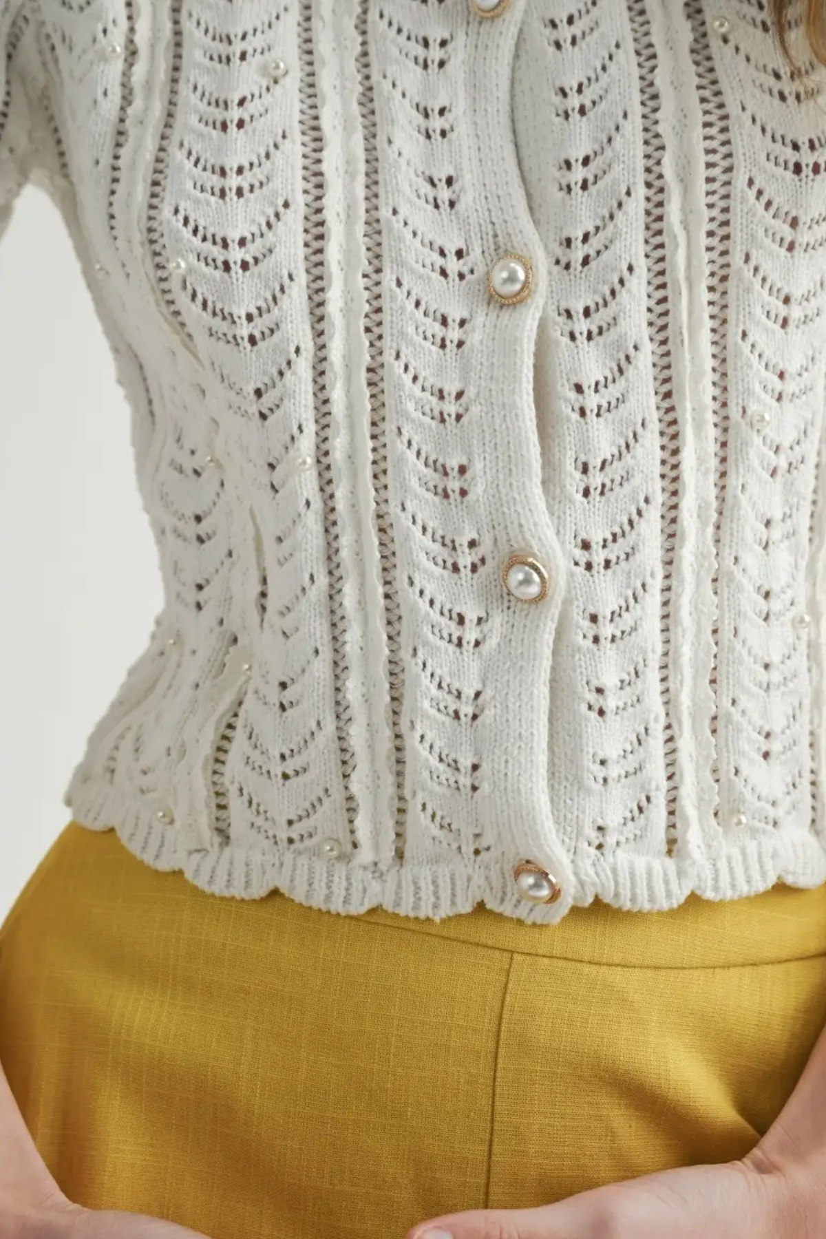 Lace Knit Pearl-Button Cardigan