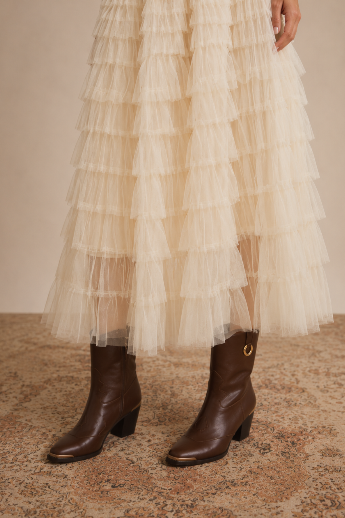 Cascading Tulle Maxi Skirt Ecru