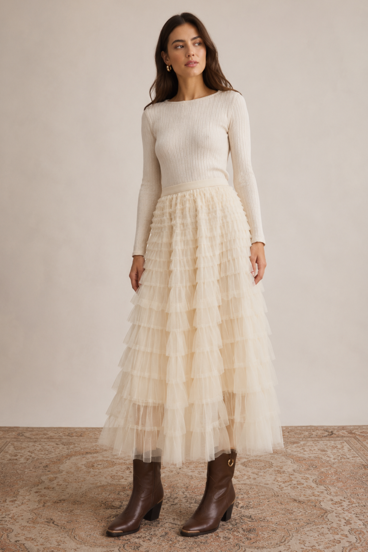 Cascading Tulle Maxi Skirt Ecru