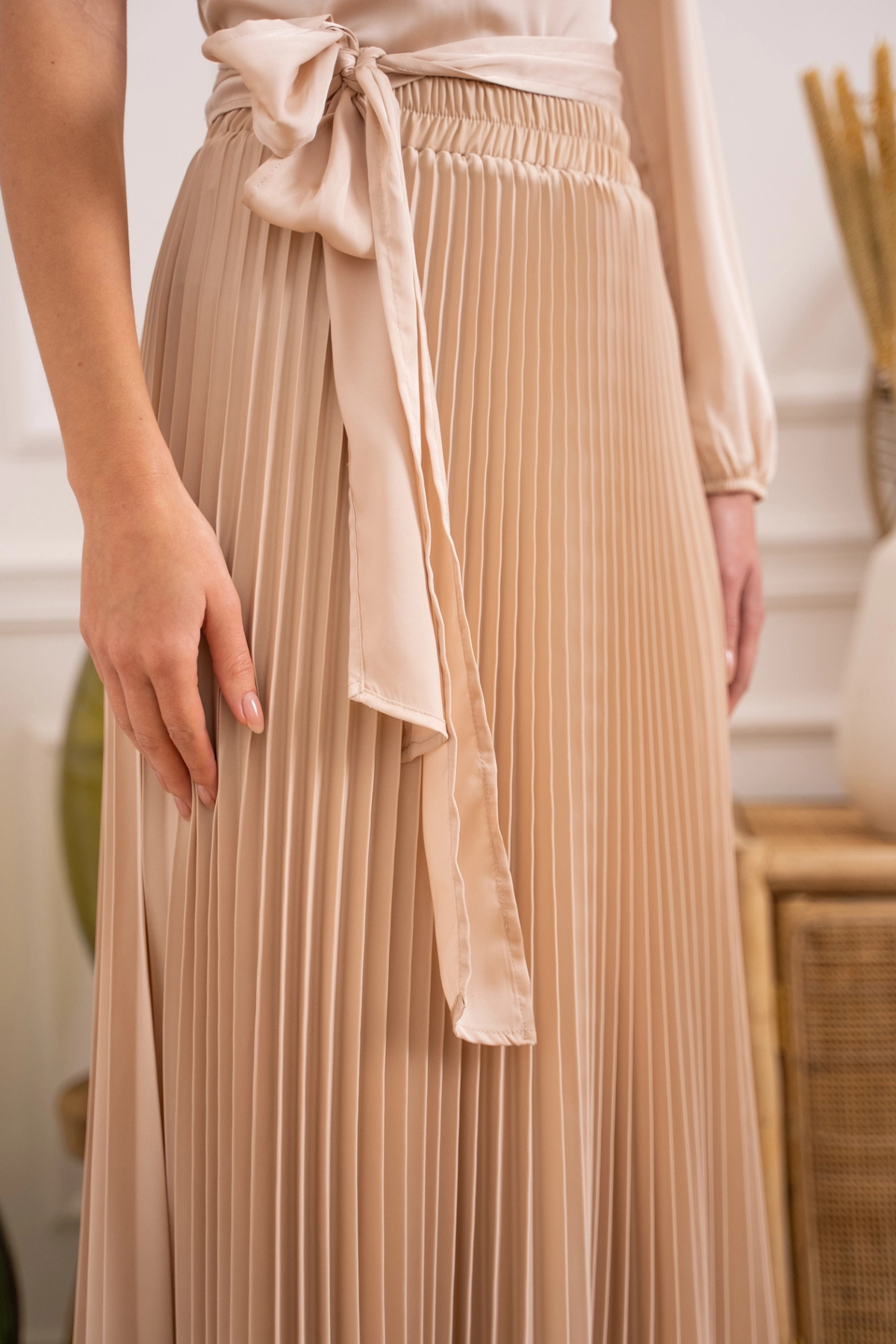 Pleated Satin Skirt Champagne