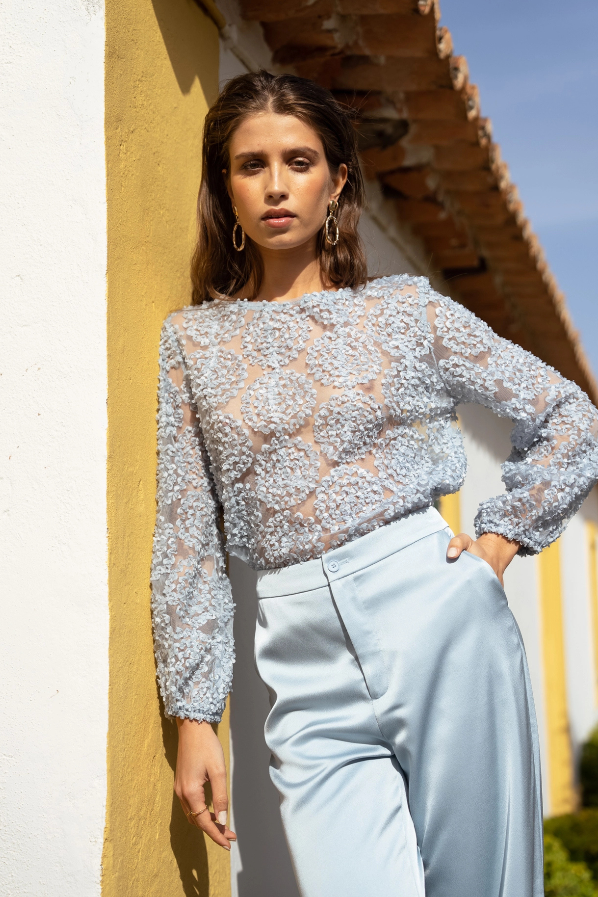 Rosette Mesh Blouse Sky Blue