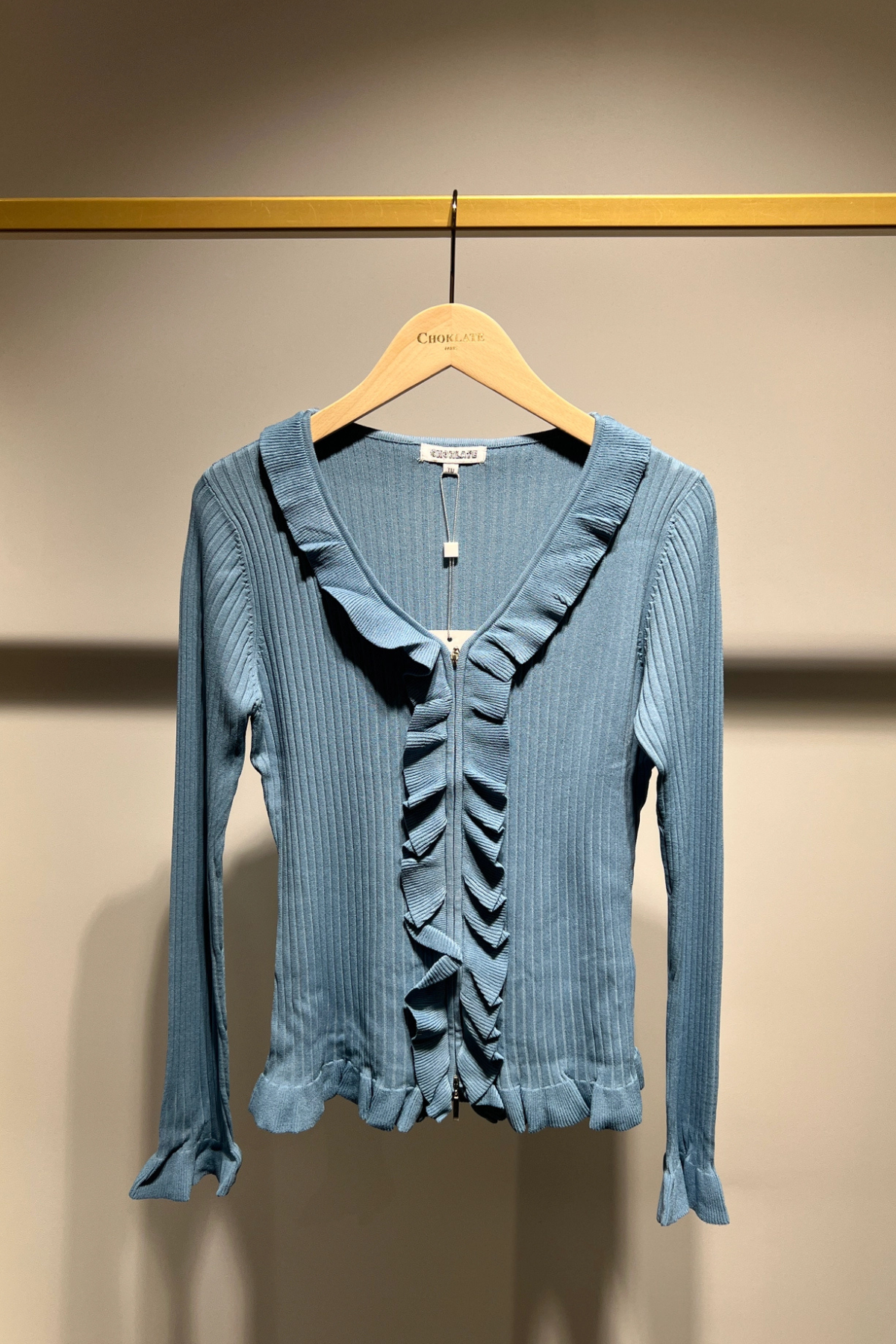 Ruffled Collar Knit Cardigan Jeans Blue