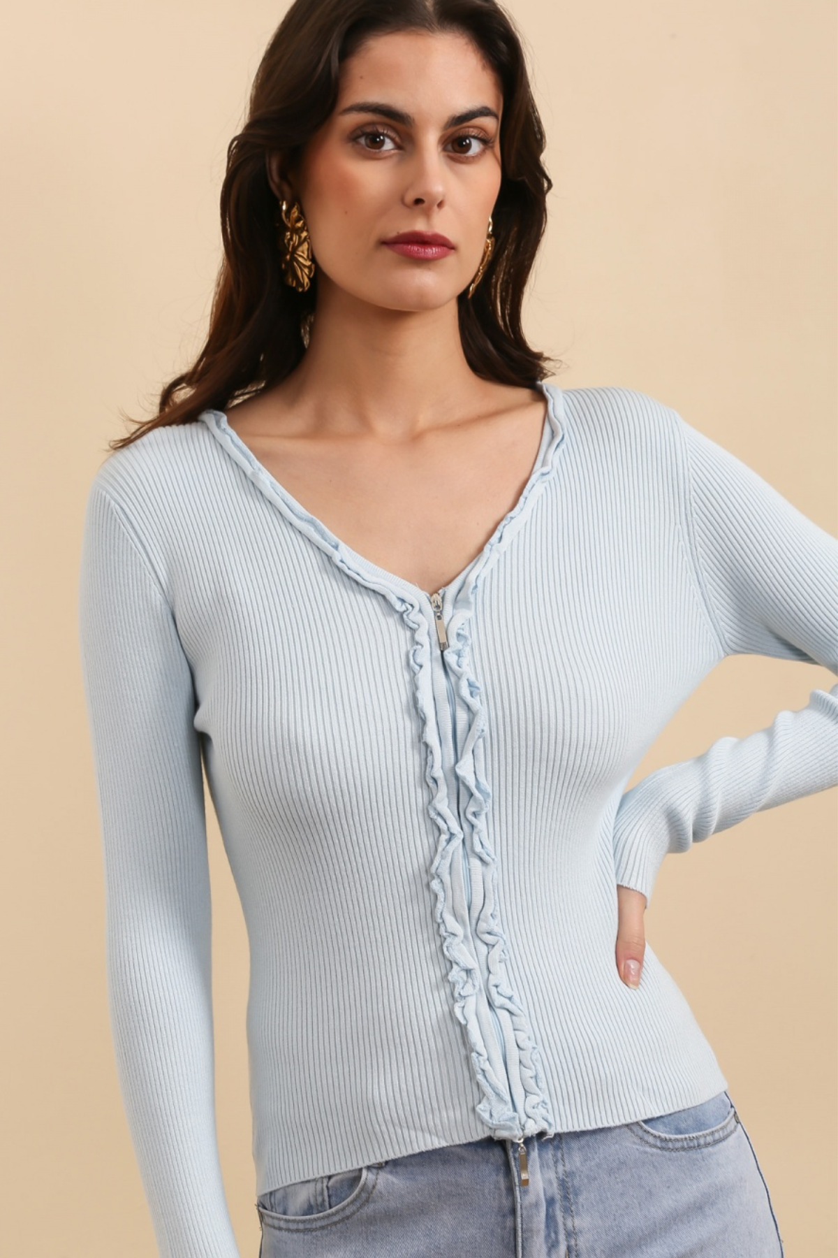 Ruffled Collar Knit Cardigan Sky Blue