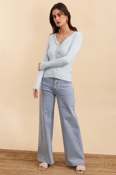 Ruffled Collar Knit Cardigan Sky Blue