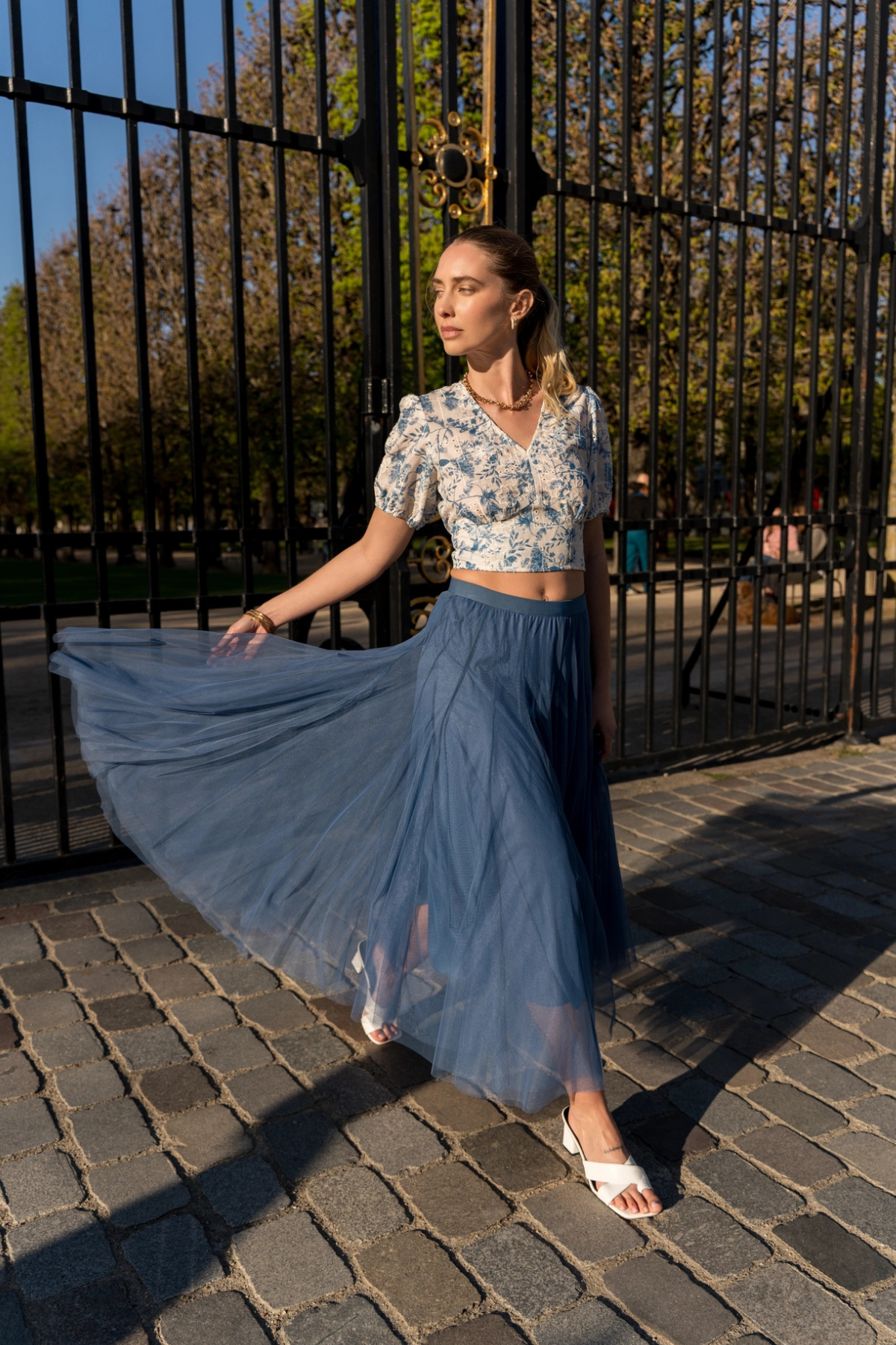 Slim Fit Long Tulle Skirt Denim Blue