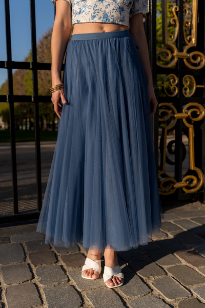 Slim Fit Long Tulle Skirt Denim Blue