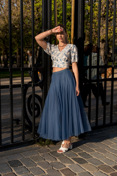 Slim Fit Long Tulle Skirt Denim Blue