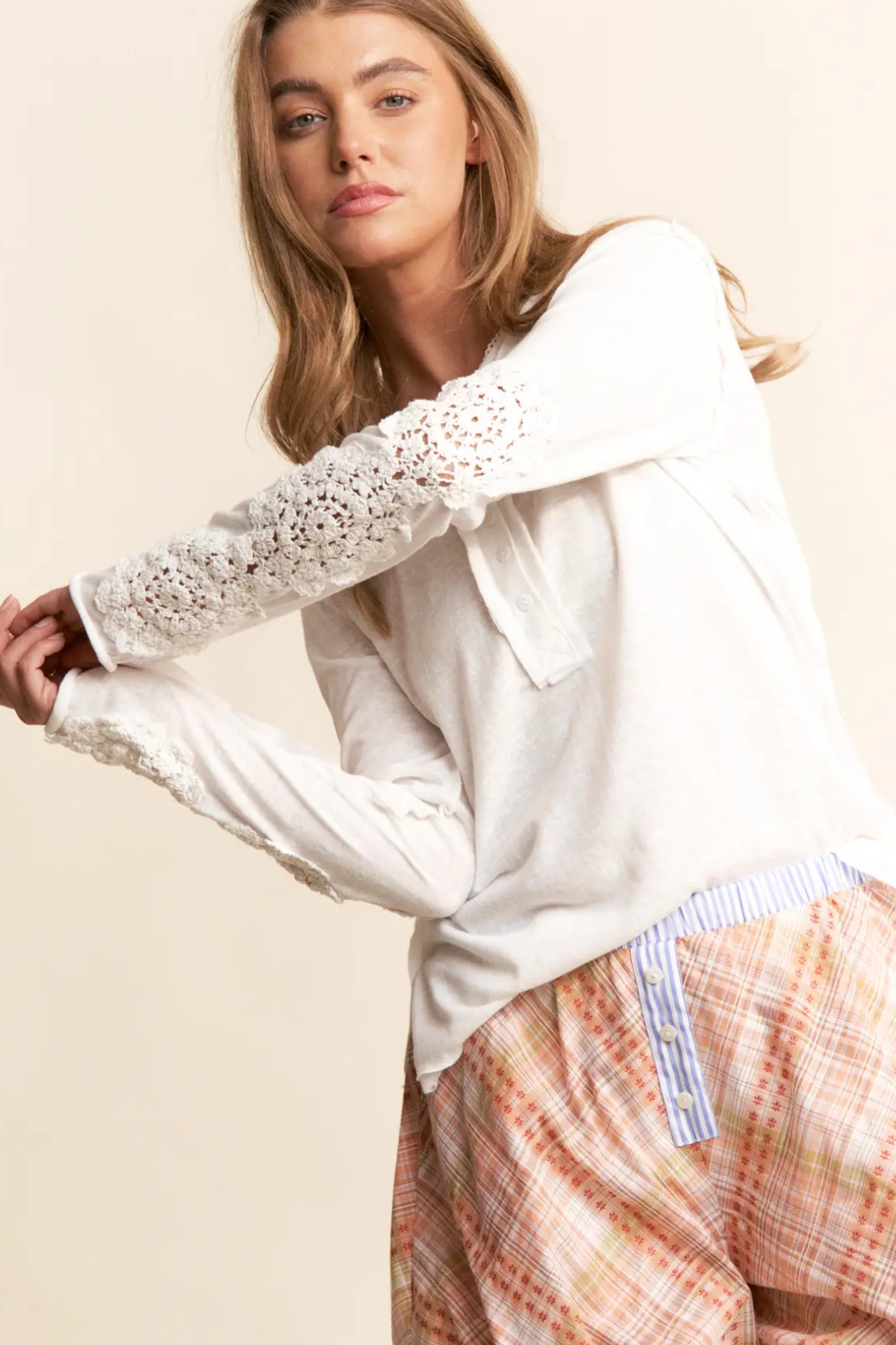 Crochet Henley Longsleeve Tee