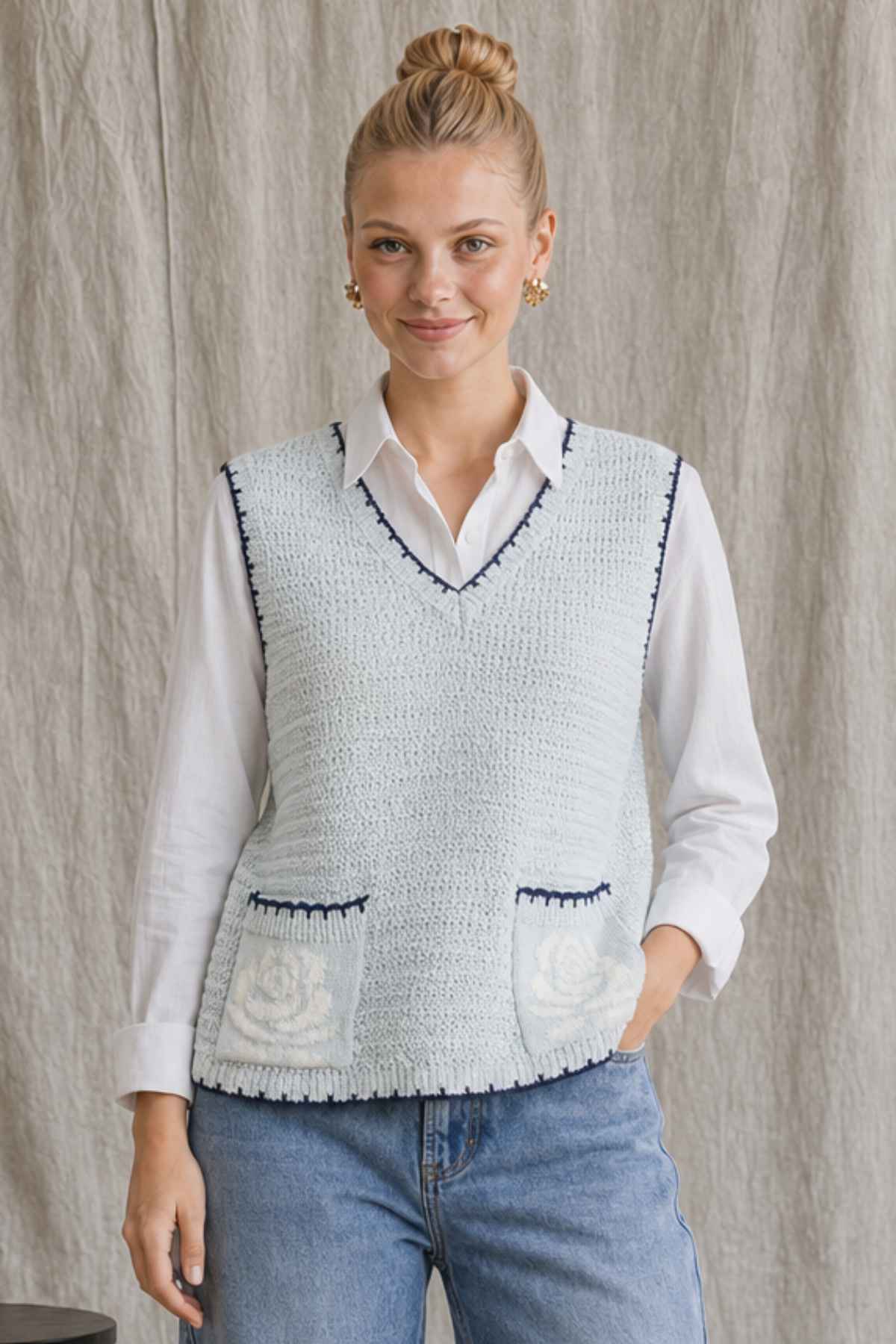 Crochet Rose Pocket Knit Vest