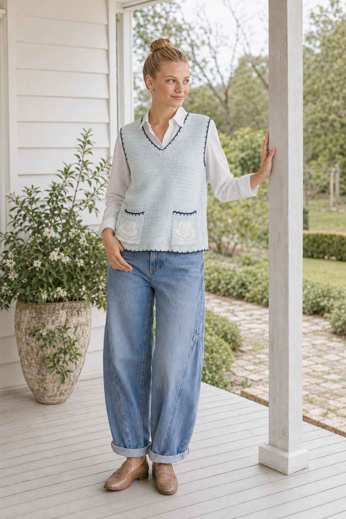Crochet Rose Pocket Knit Vest