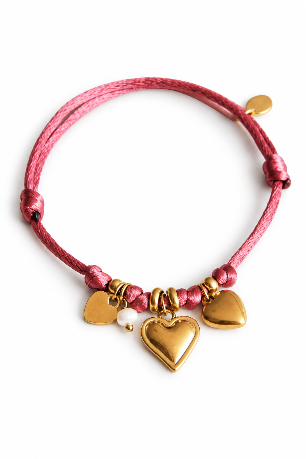 Satin Charm Bracelet with Hearts and Pearl Dusty Pink