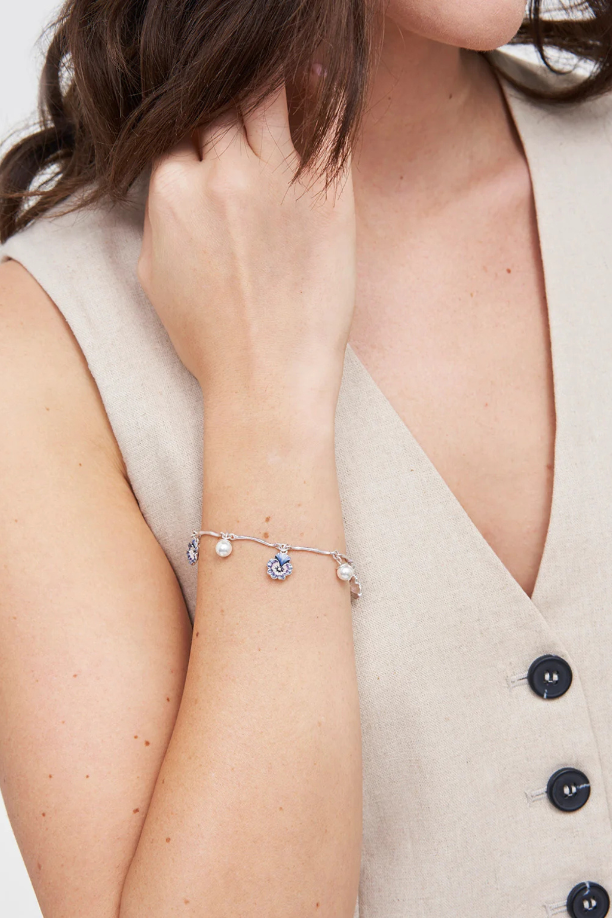 Pansy Pearl Silver Charm Bracelet
