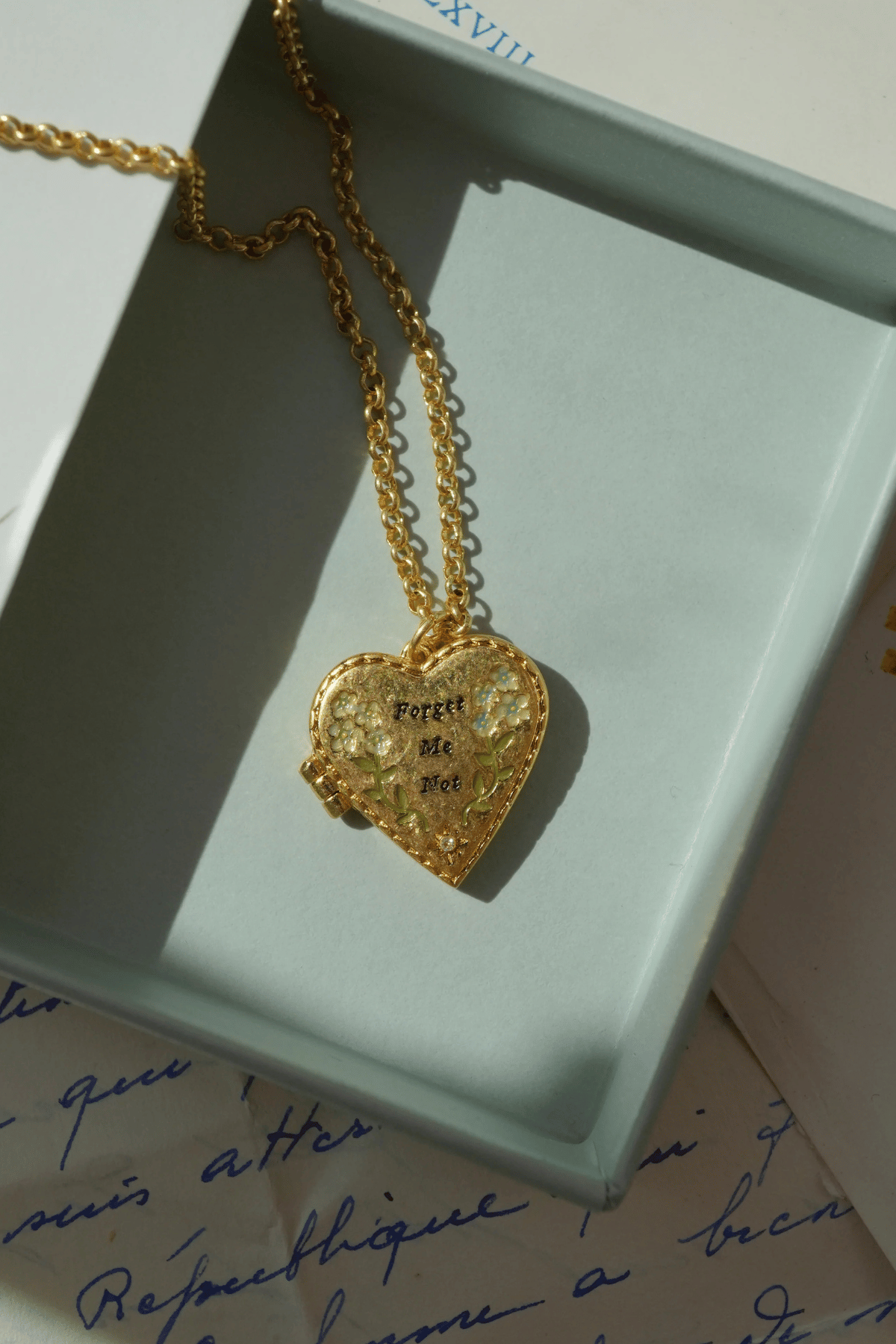Forget Me Not Locket Necklace Gold