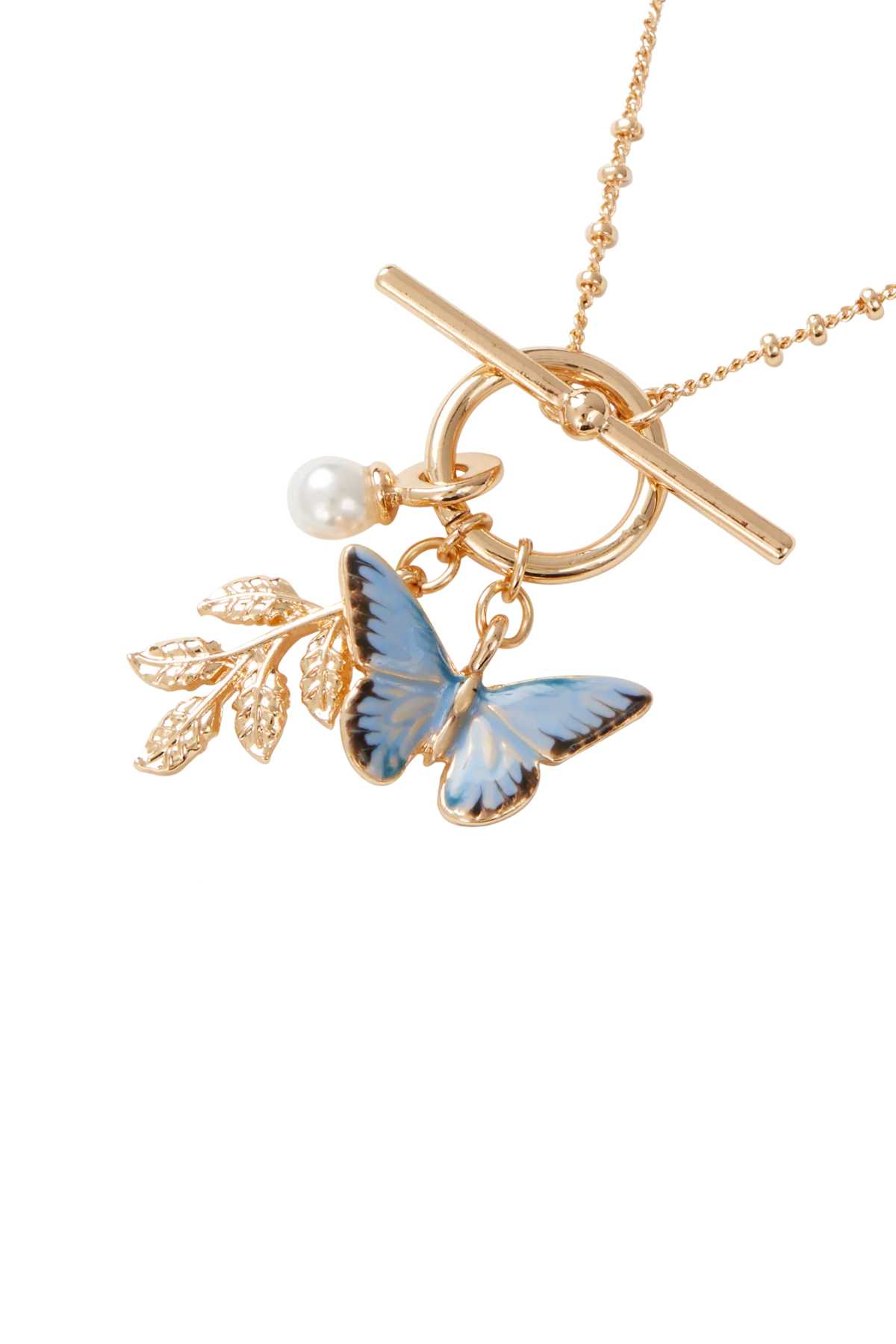 Enamel Blue Butterfly & Leaf Necklace