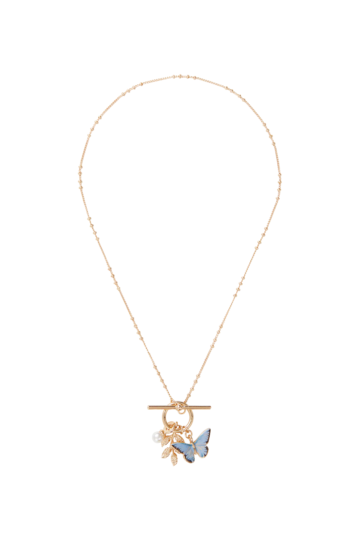 Enamel Blue Butterfly & Leaf Necklace
