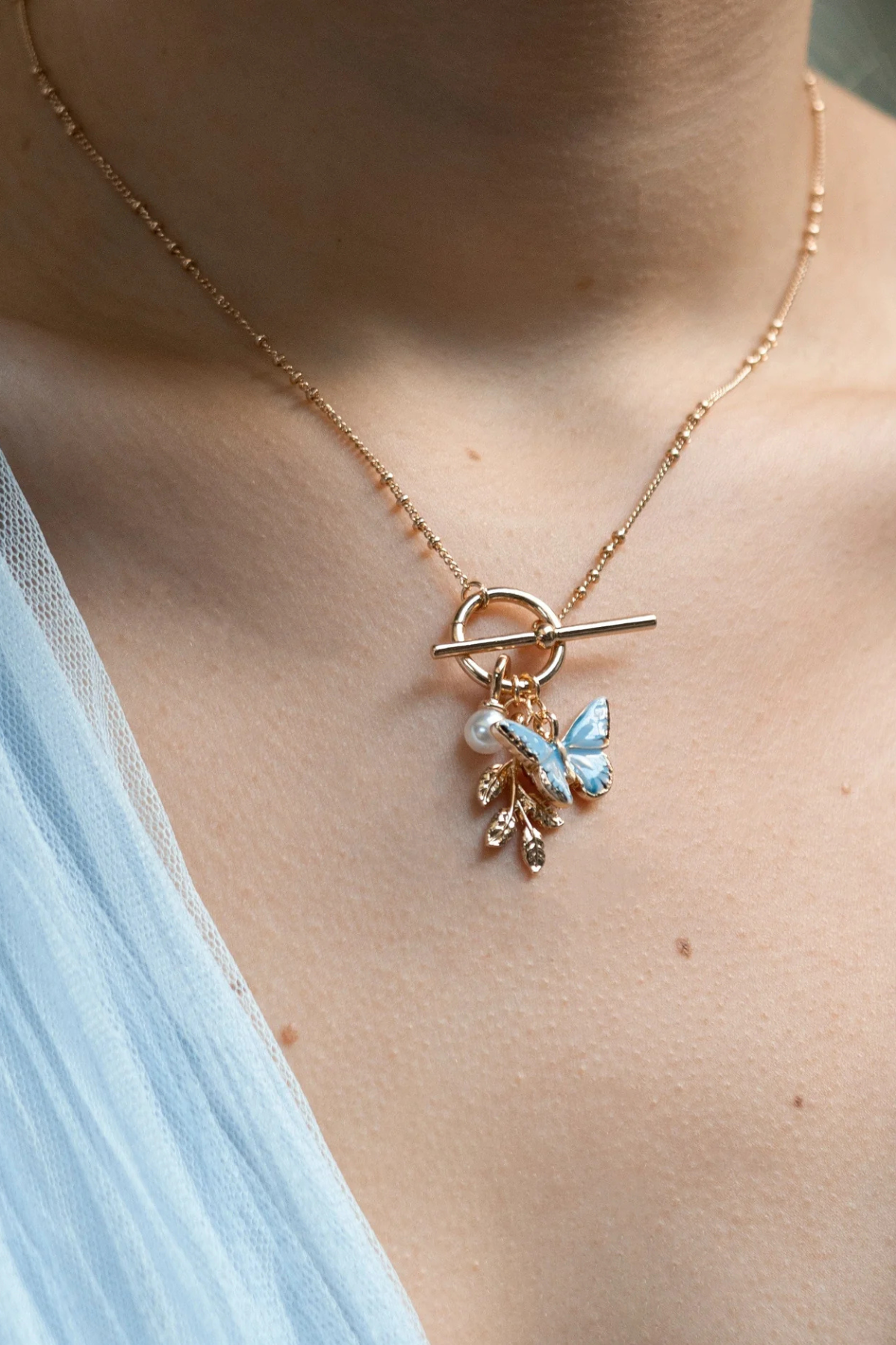 Enamel Blue Butterfly & Leaf Necklace