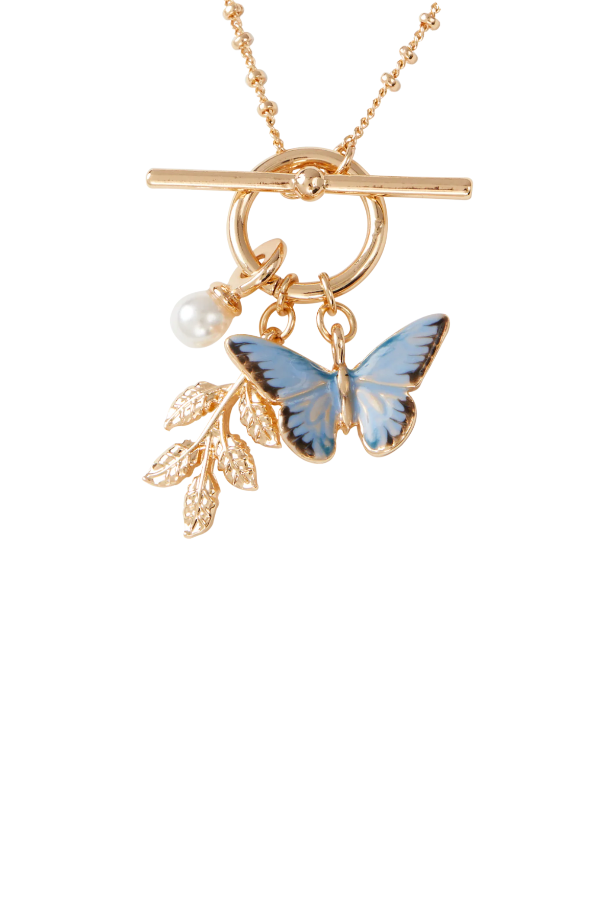 Enamel Blue Butterfly & Leaf Necklace