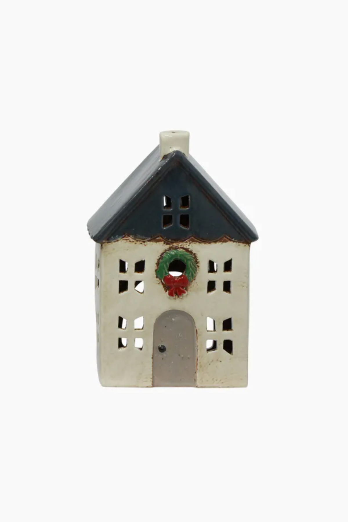 Christmas Tea Light House Blue Wreath Small