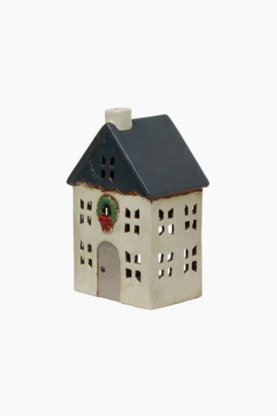 Christmas Tea Light House Blue Wreath Small