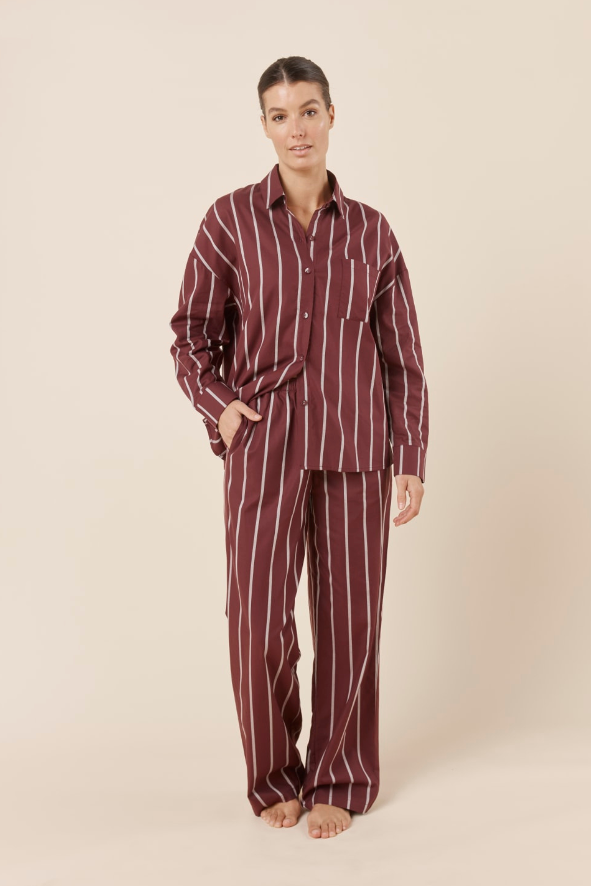 Chloe Cotton Striped PJ Set Burgundy