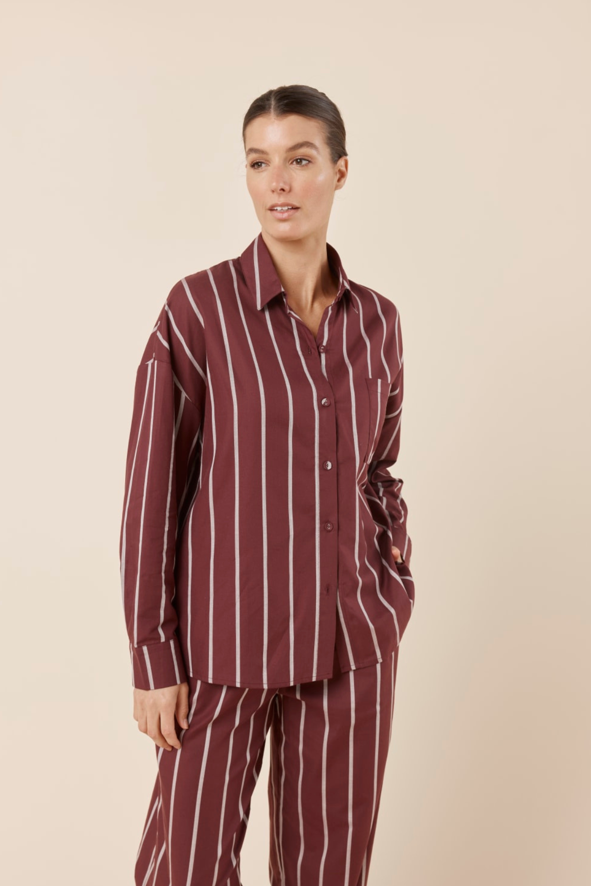 Chloe Cotton Striped PJ Set Burgundy