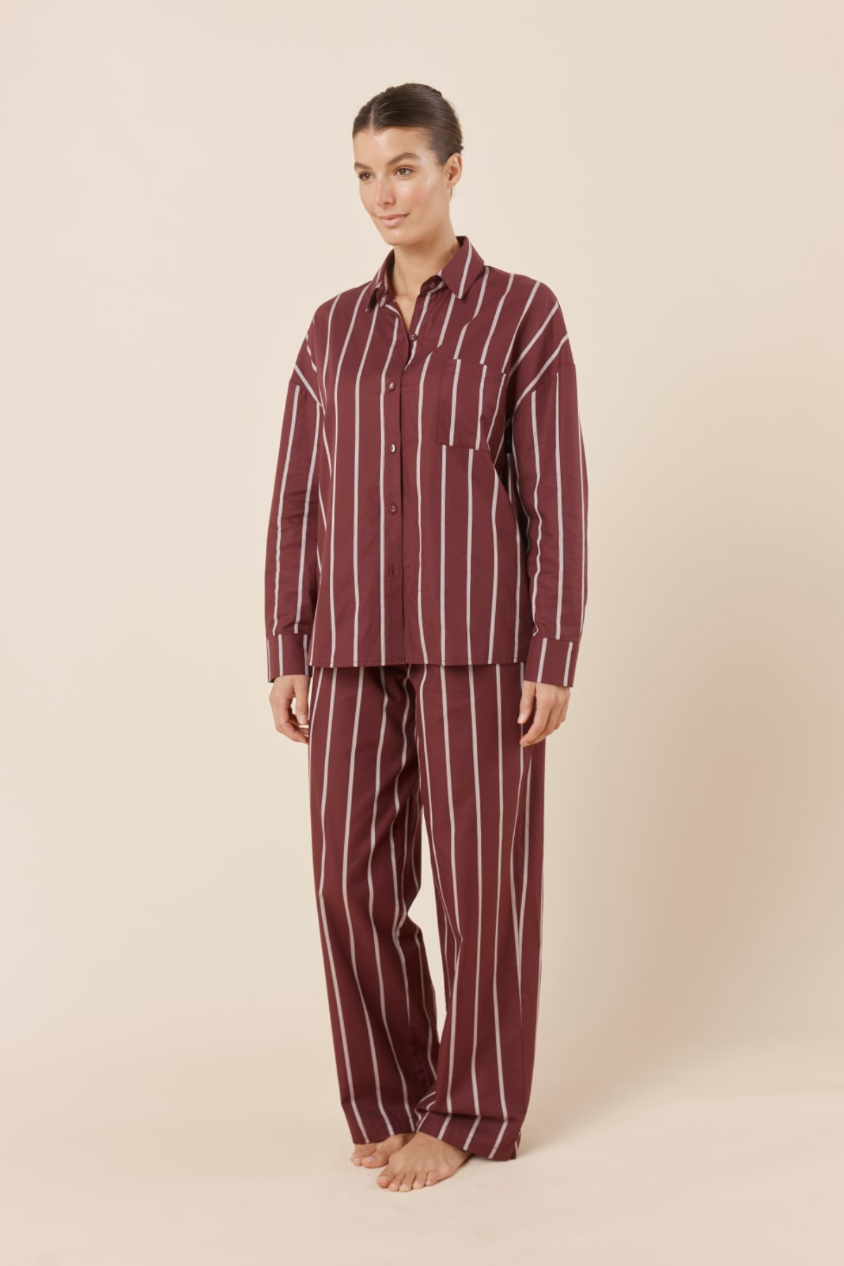 Chloe Cotton Striped PJ Set Burgundy