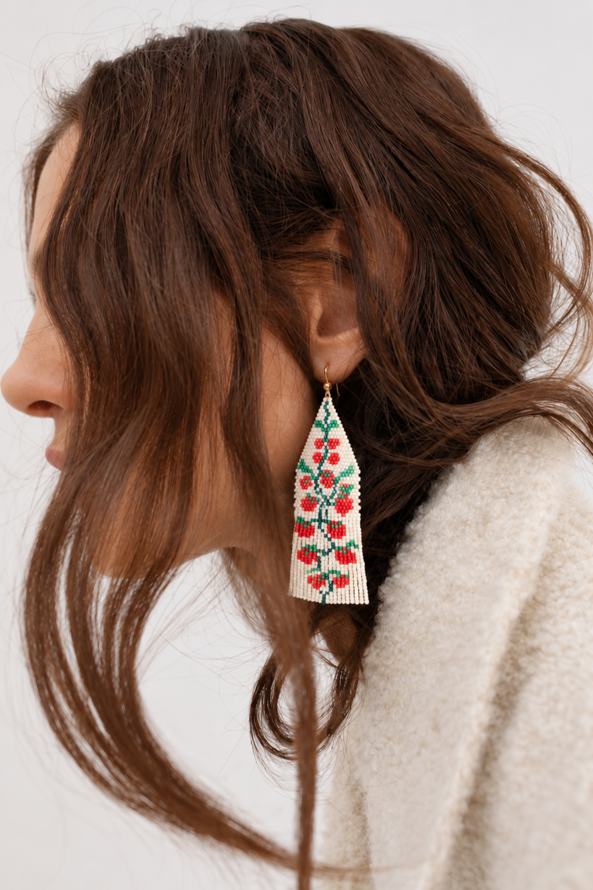 Delilah Tomato Beaded Fringe Earrings Red + Green