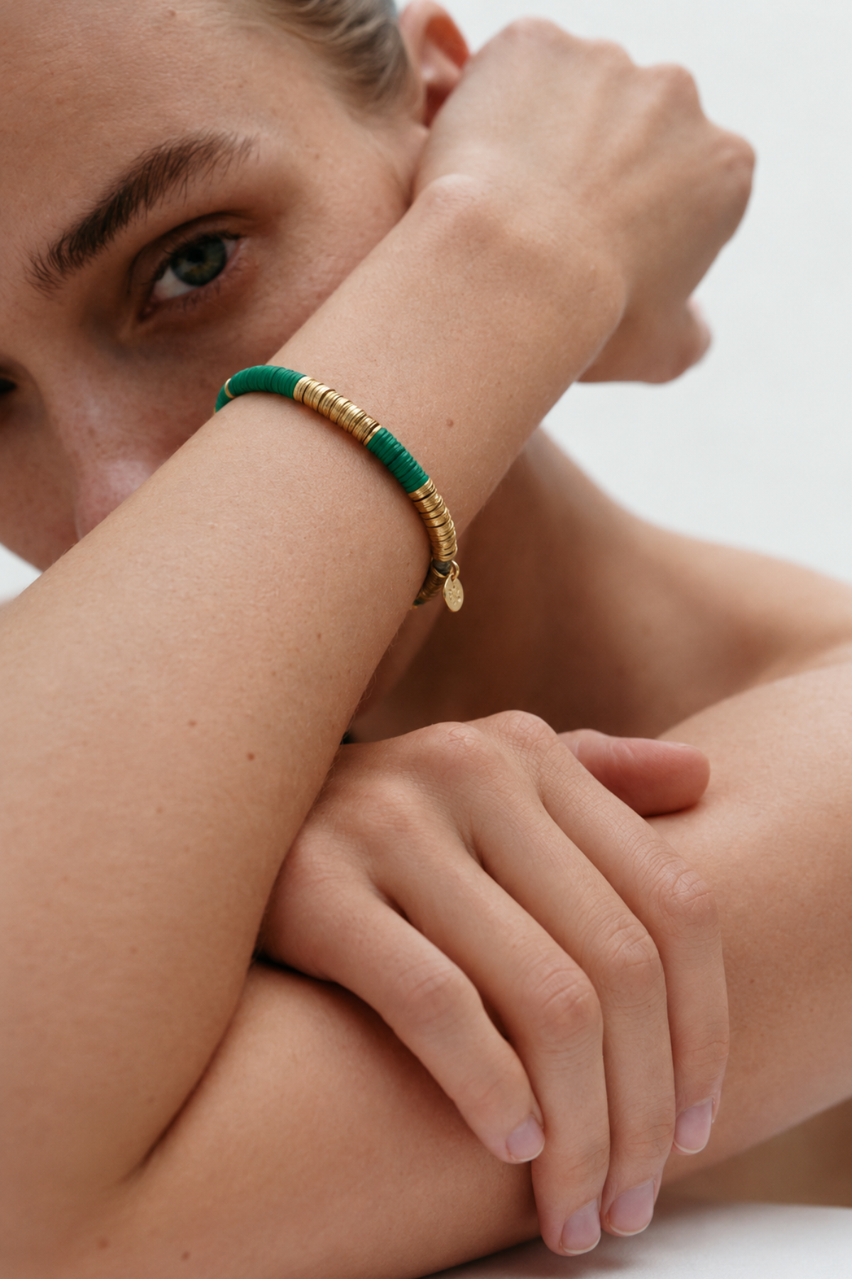 Grace Two Colour Block Stretch Bracelet Kelly Green and Gold